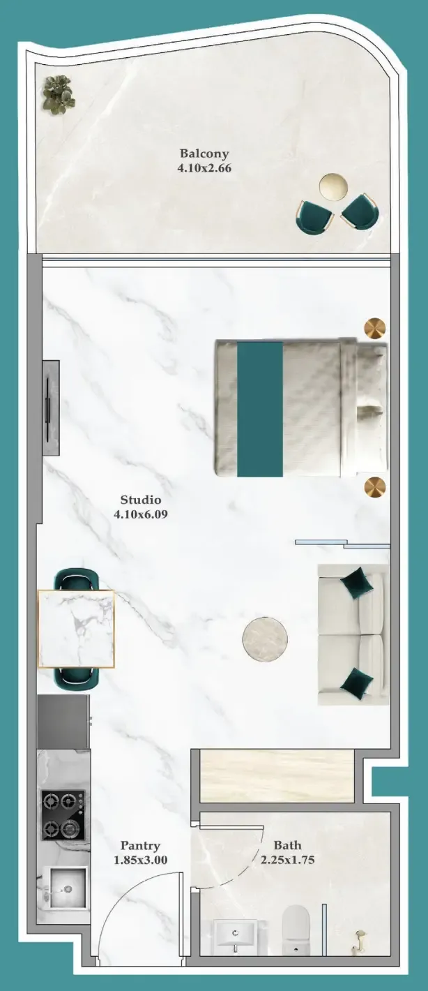 Breez Studio floor plan, 411 – 446 sqft
