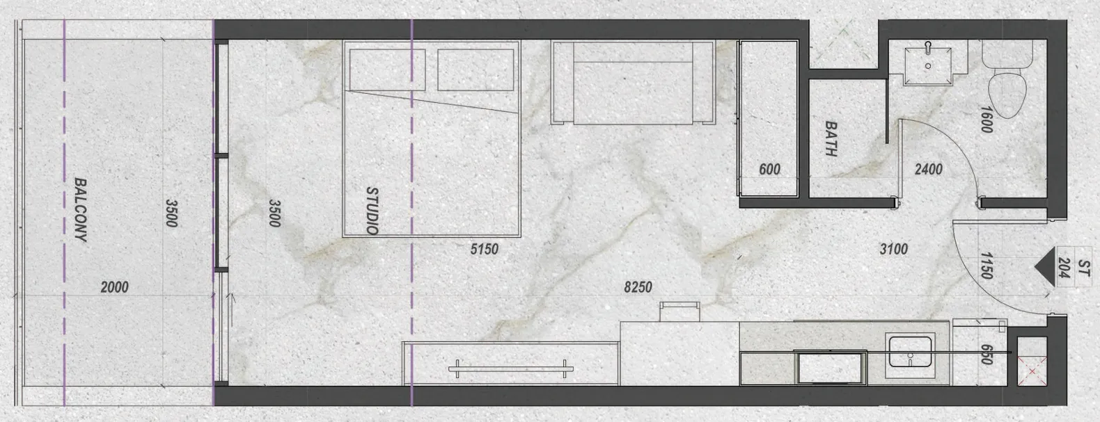 Zyra Hills Studio floor plan, 401 – 409 sqft