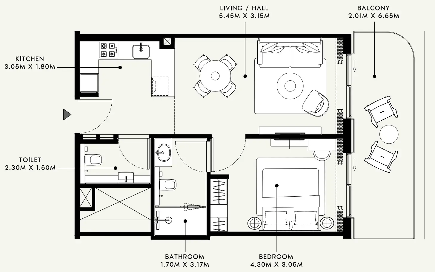 Azizi Venice 1 bed floor plan, 744 sqft