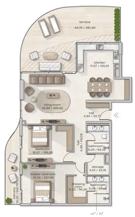 Zephyra Residences 2 bed floor plan, 2,050 sqft