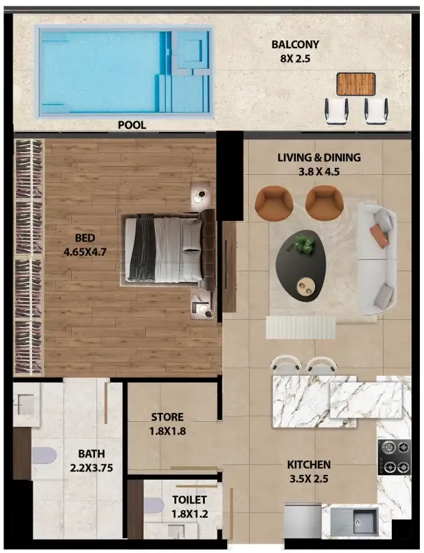 Marquis One 1 bed floor plan, 1,001 sqft