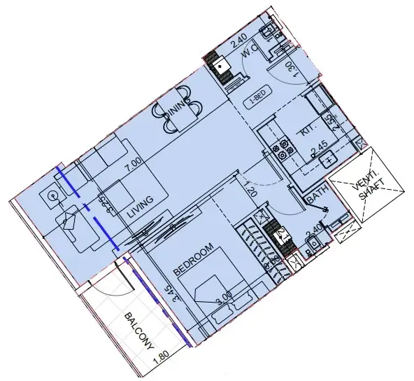 Binghatti Cullinan 1 bed floor plan, 702 sqft