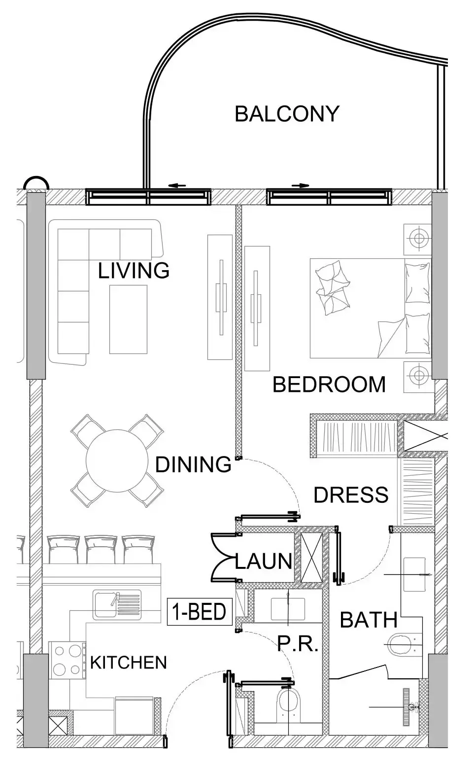 Valencia 1 bed floor plan, 730 sqft