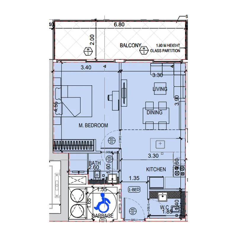 Binghatti Amberhall 1 bed floor plan, 690 sqft