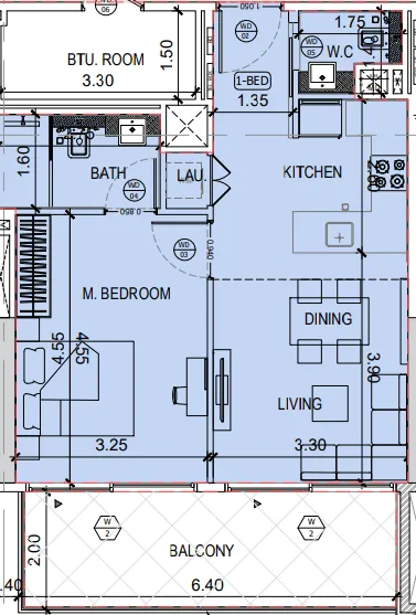 Binghatti Amberhall 1 bed floor plan, 686 sqft