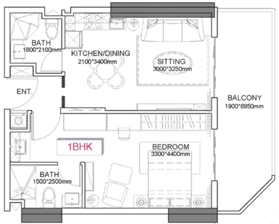 Listone Residence 1 bed floor plan, 676 – 691 sqft
