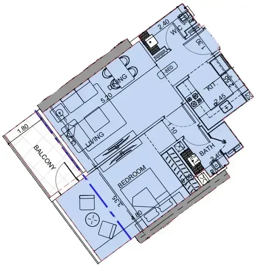 Binghatti Cullinan 1 bed floor plan, 702 sqft