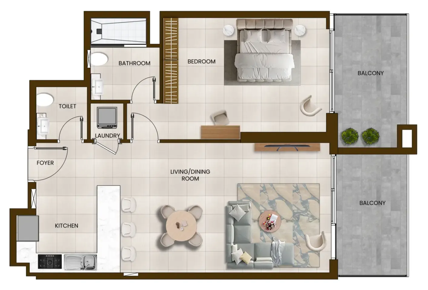 Butterfly Towers 1 bed floor plan, 945 sqft