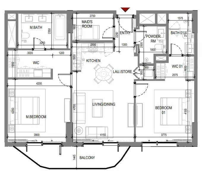 Takaya 2 bed floor plan, 1,265 sqft
