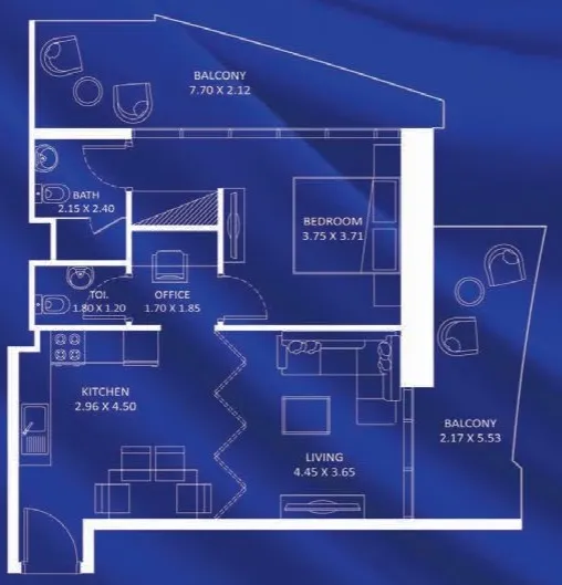 Fashionz 1 bed floor plan, 872 sqft