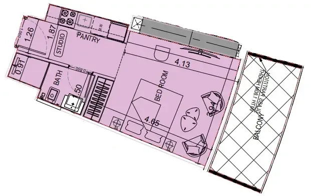 Binghatti Flare Studio floor plan, 414 sqft