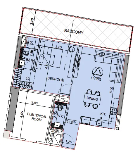 Binghatti Aquarise 1 bed floor plan, 876 sqft