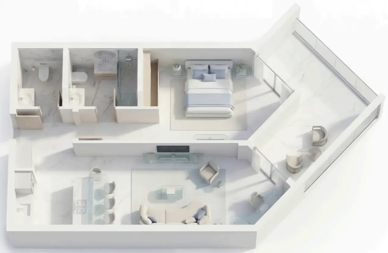 Ice Beach 1 bed floor plan, 546 – 880 sqft