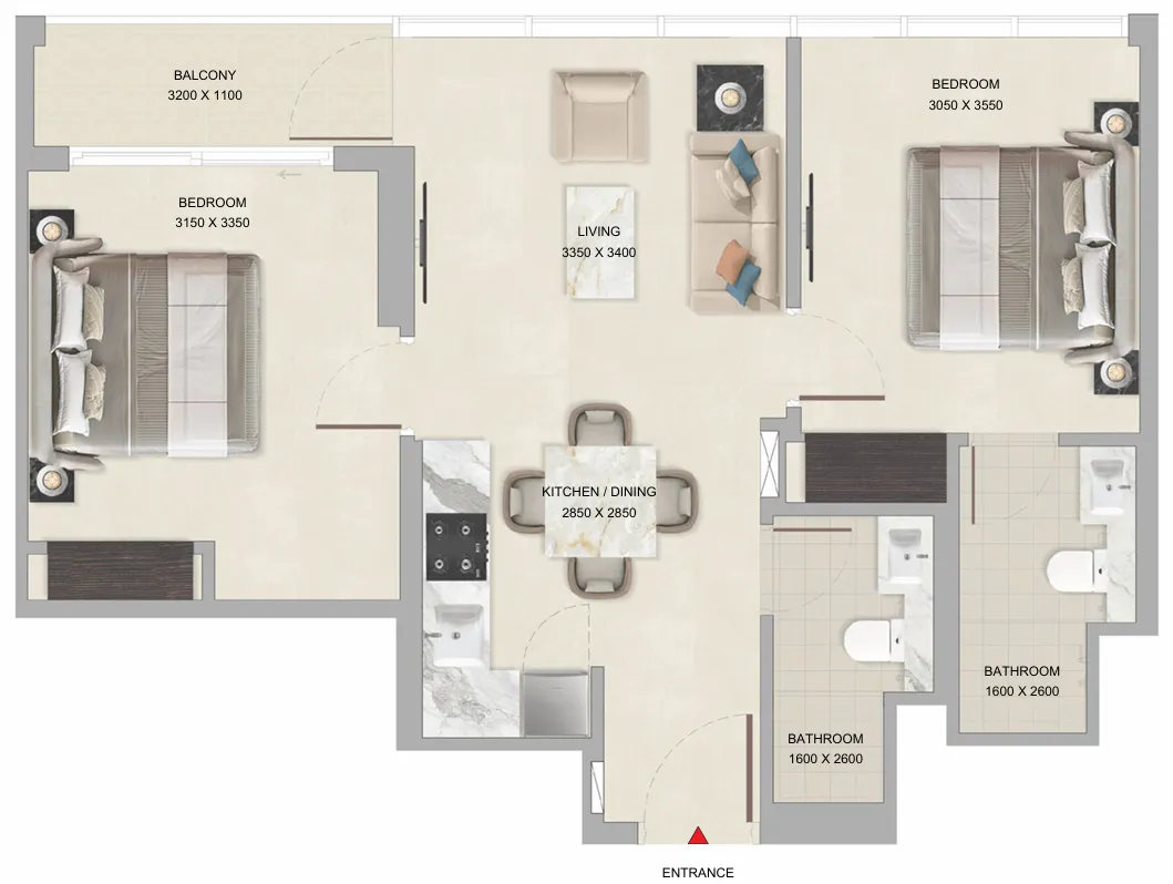 Tranquil Beach Residences 2 bed floor plan, 701 sqft