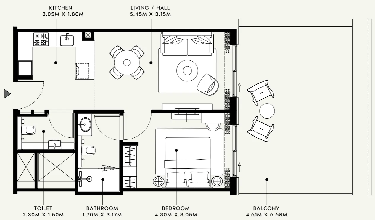 Azizi Venice 1 bed floor plan, 925 sqft