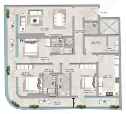 Amwaj Tower 3 bed floor plan, 3,045 sqft