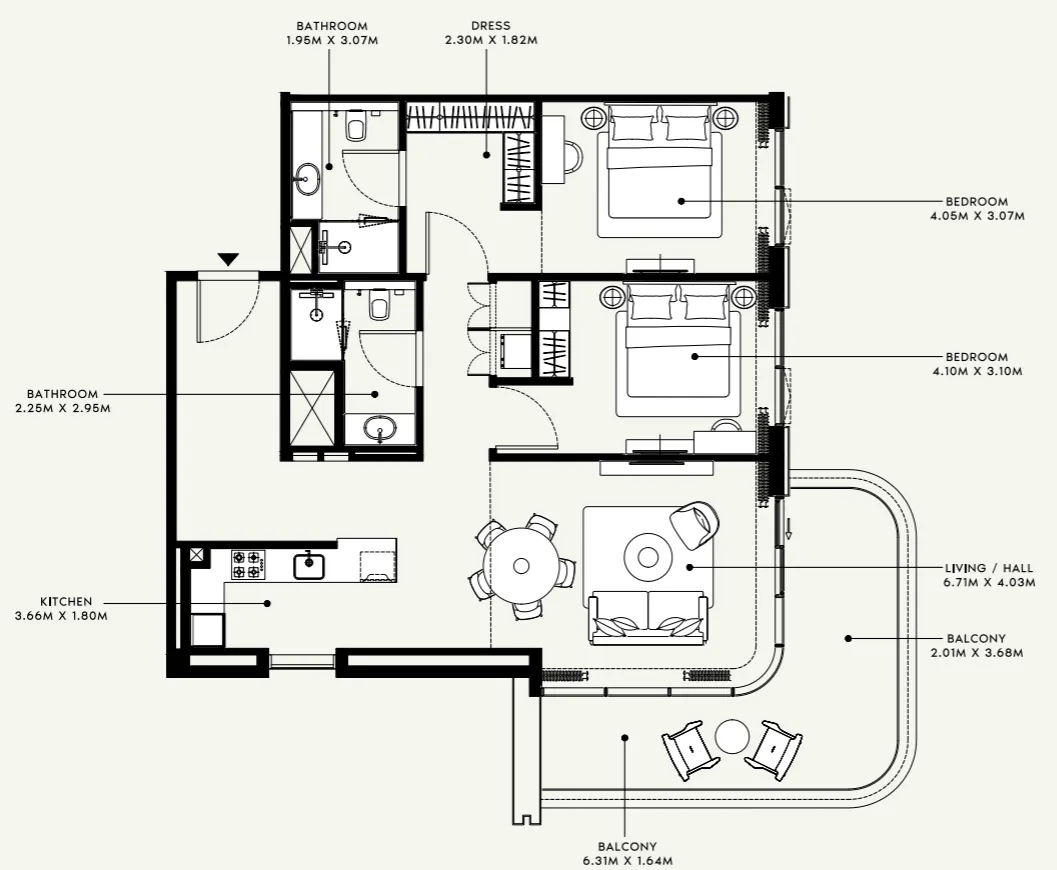 Azizi Venice 2 bed floor plan, 1,311 sqft