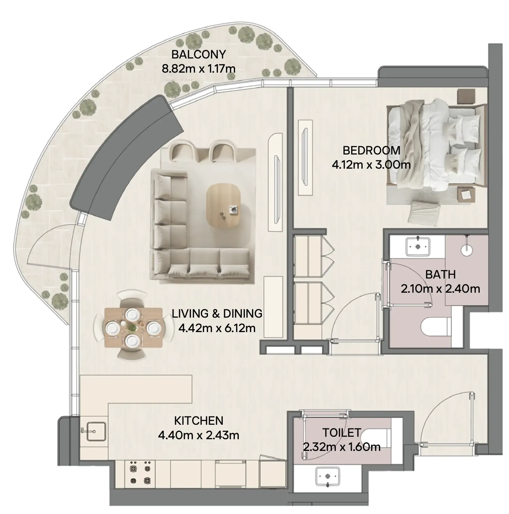 Mirasol II 1 bed floor plan, 882 – 1,098 sqft