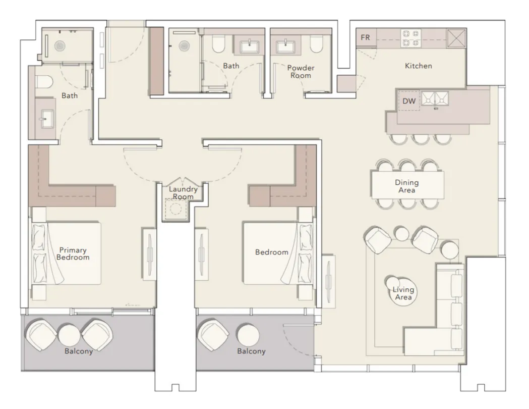 One River Point 2 bed floor plan, 1,462 sqft