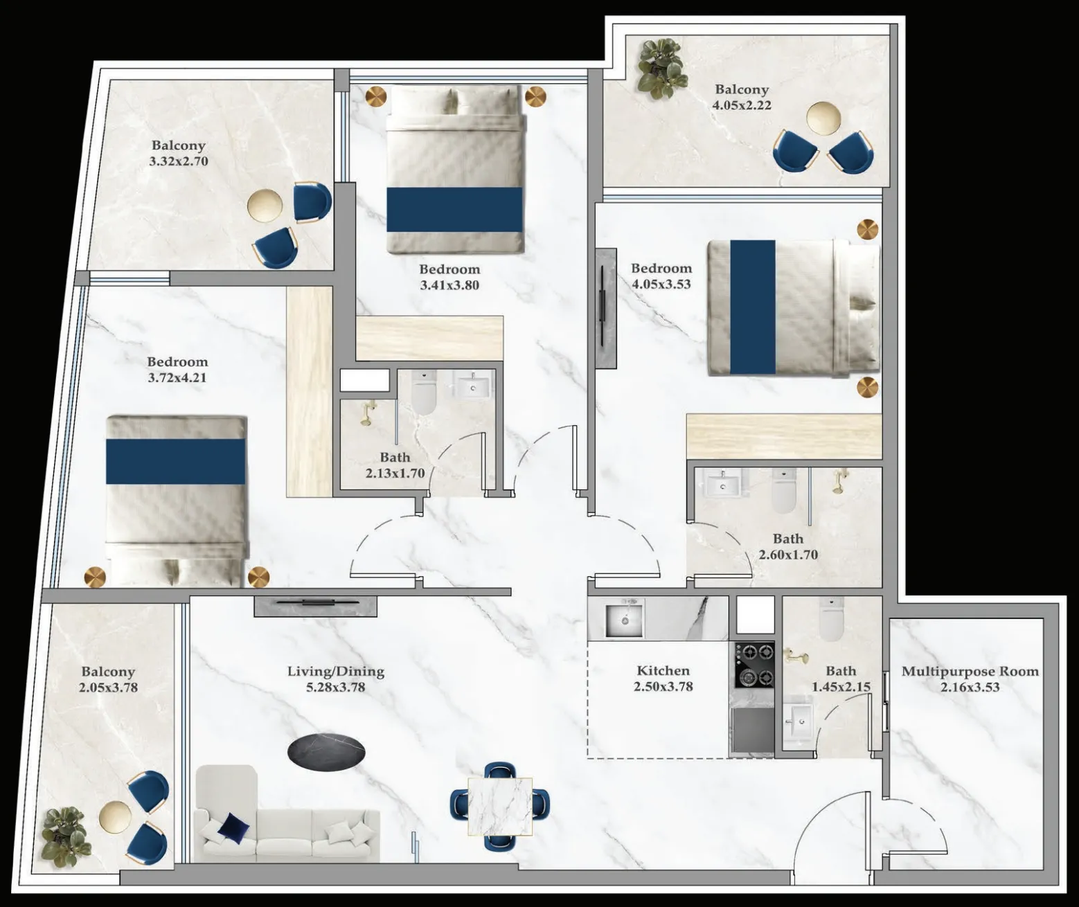 Aspirz 3 bed floor plan, 1,313 – 1,327 sqft