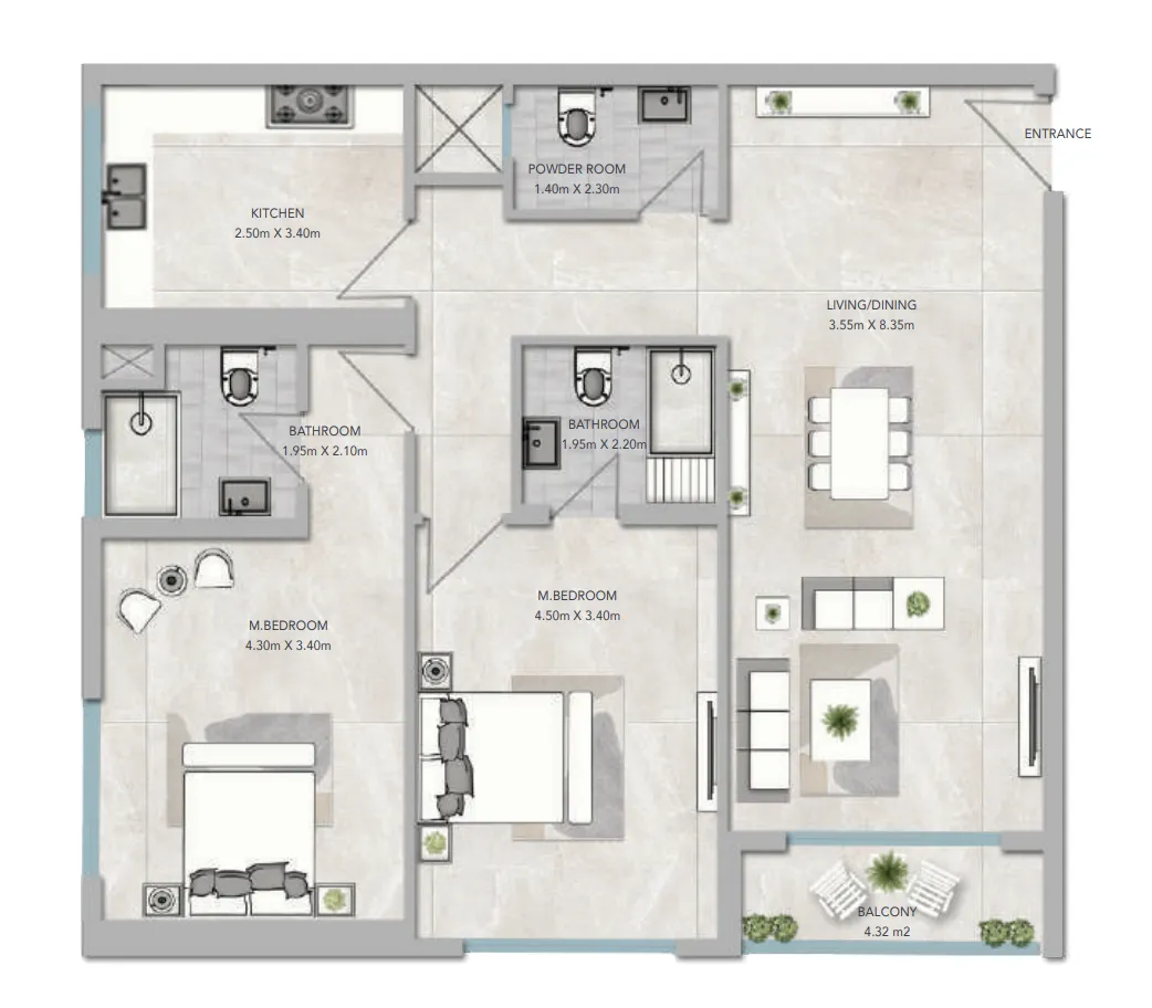 Al Aamra 3 Tower 2 bed floor plan, 1,517 sqft