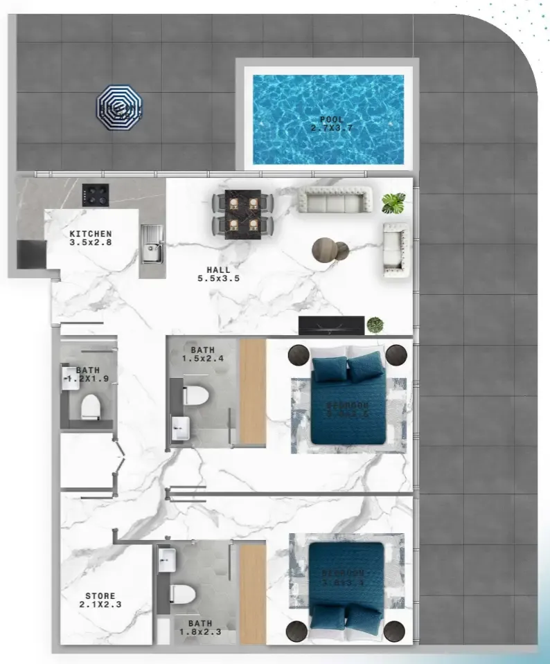 Samana Mykonos 2 bed floor plan, 1,748 sqft