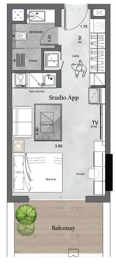 Saray Prime Residence Studio floor plan, 416 sqft