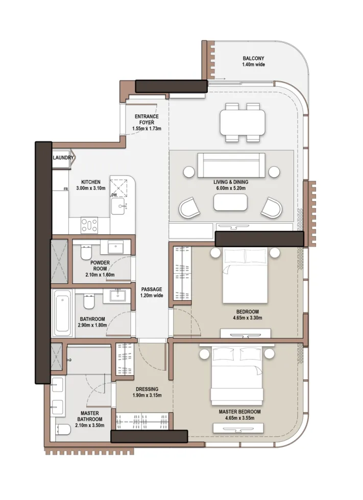 The Edit at d3 2 bed floor plan, 1,267 sqft
