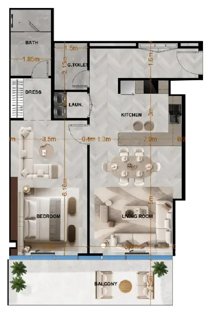 Radiant Terrace 1 bed floor plan, 1,023 sqft