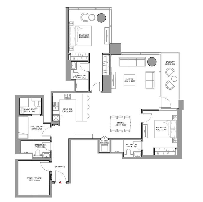 Skyscape 2 bed floor plan, 1,561 – 1,563 sqft