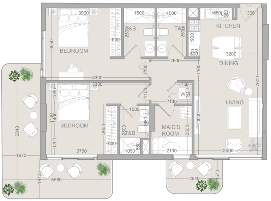 TETR1S Tower 2 bed floor plan, 1,227 sqft