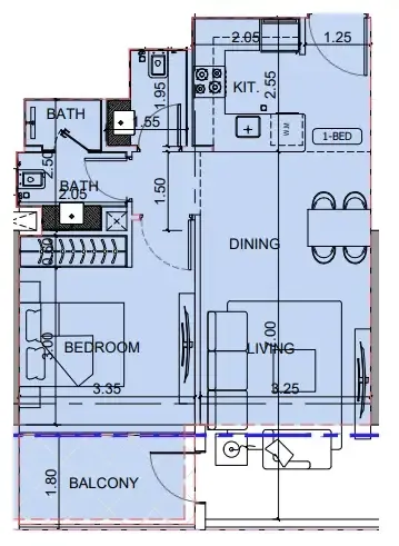 Binghatti Cullinan 1 bed floor plan, 693 sqft
