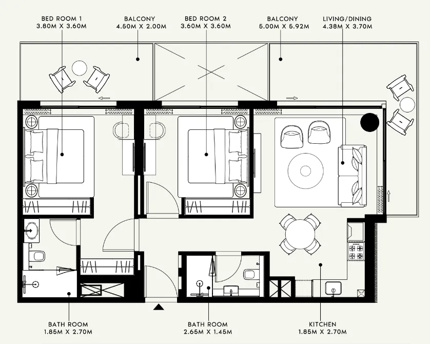 Azizi Venice 2 bed floor plan, 1,093 sqft