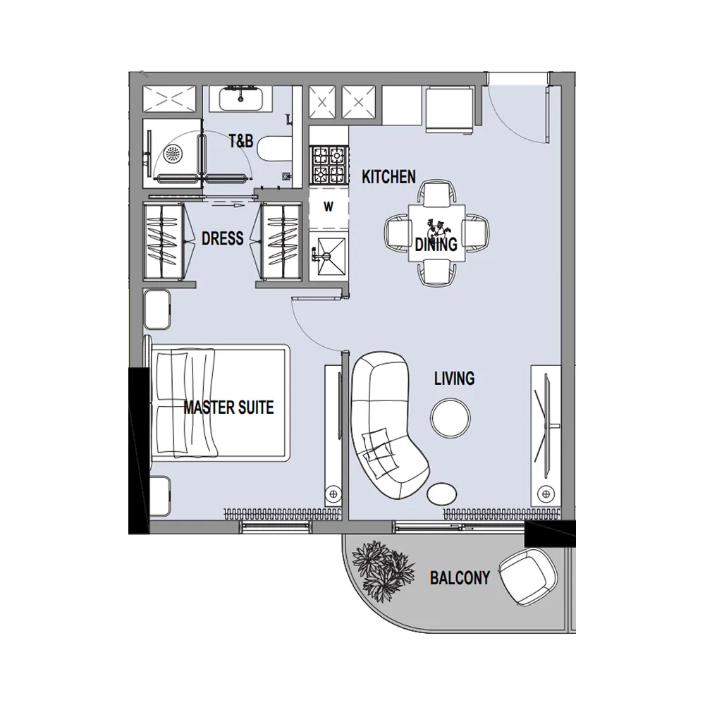 Verso 1 bed floor plan, 516 sqft