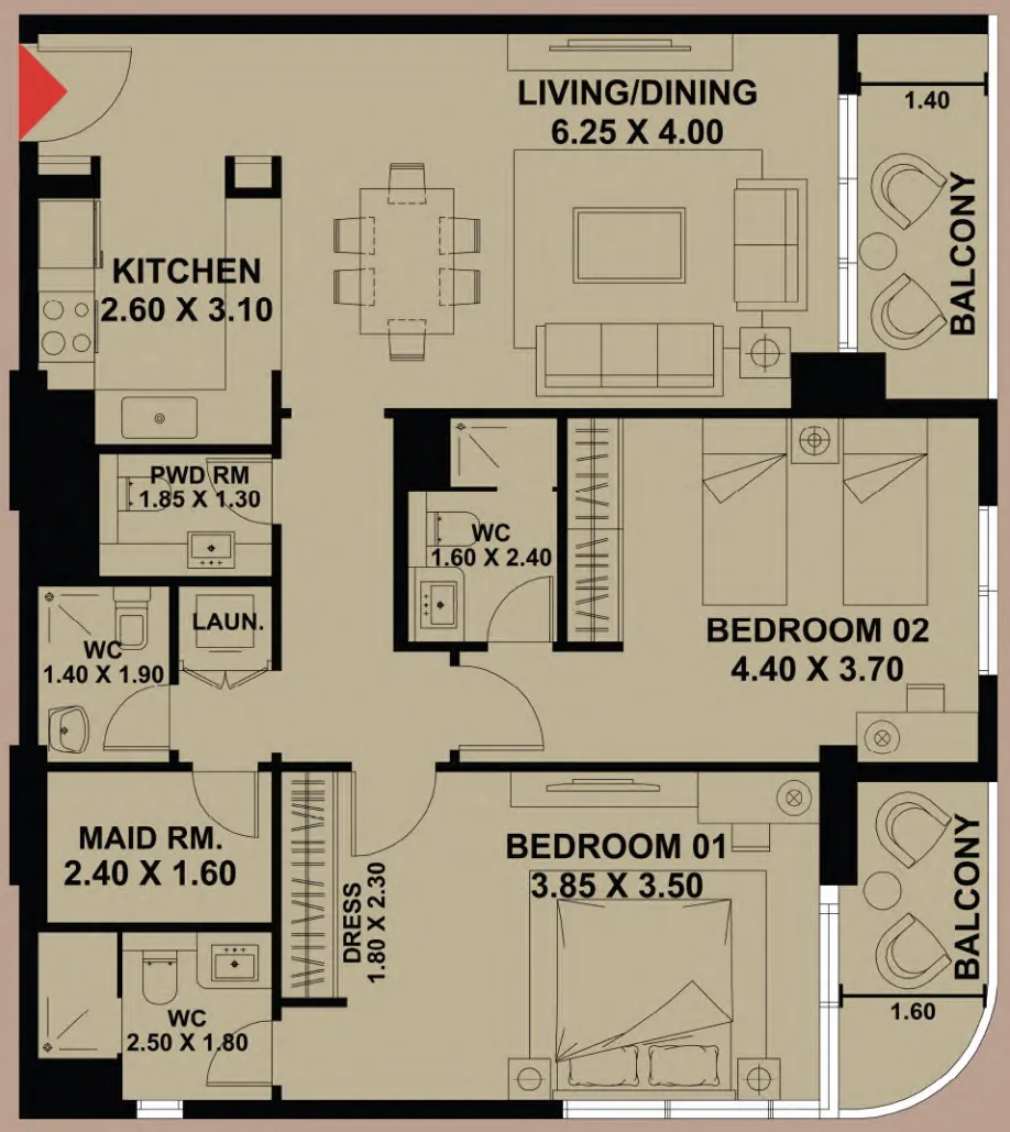 Timber Terrace 2 bed floor plan, 1,259 – 1,318 sqft