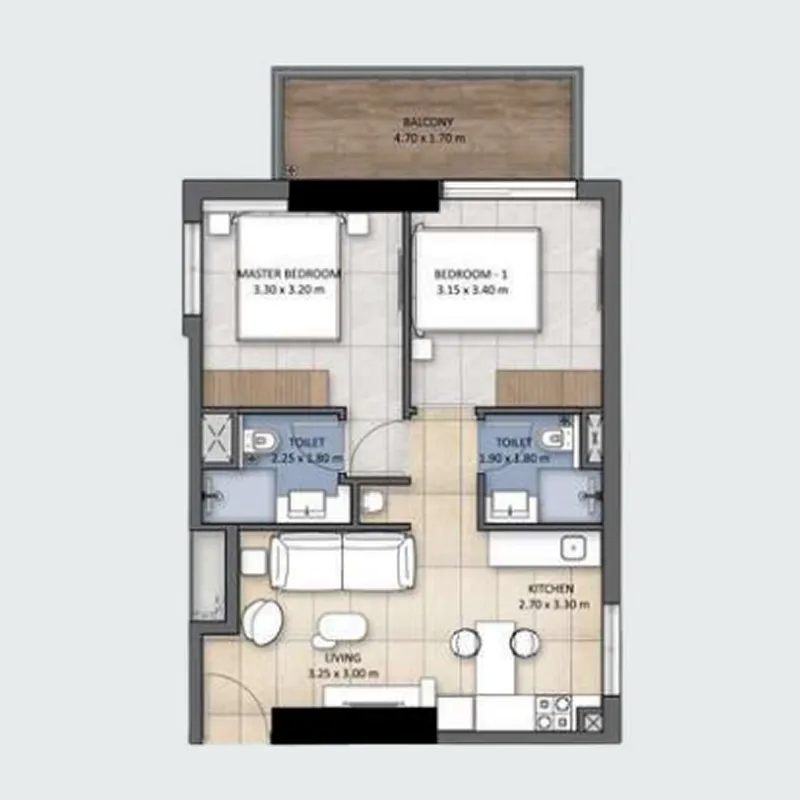Tranquil Wellness Tower 2 bed floor plan, 739 sqft