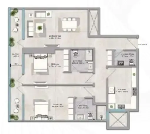 Amwaj Tower 2 bed floor plan, 1,906 sqft