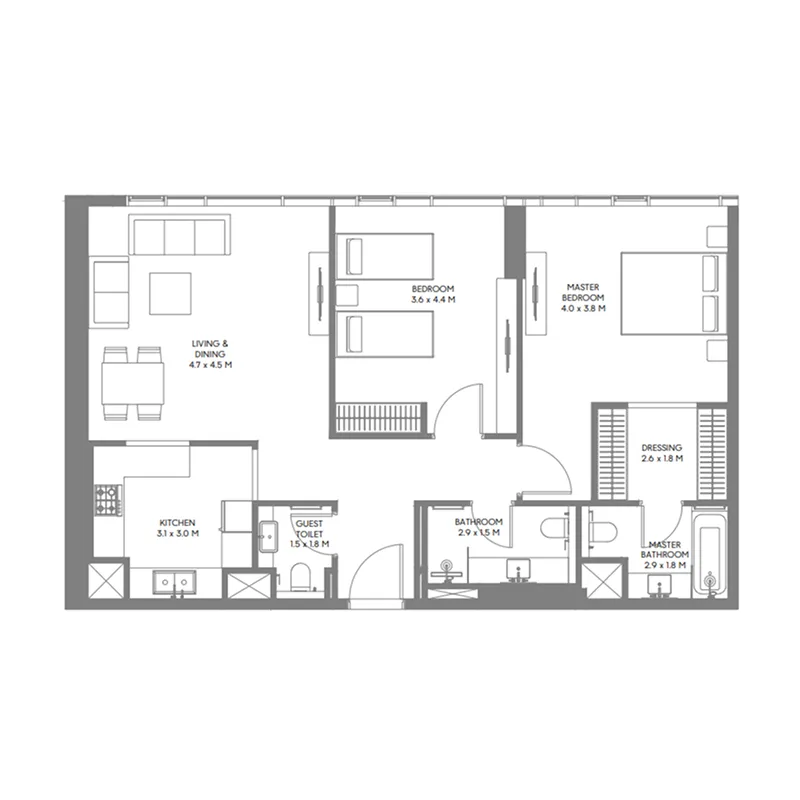 The Gate 6 2 bed floor plan, 1,069 sqft