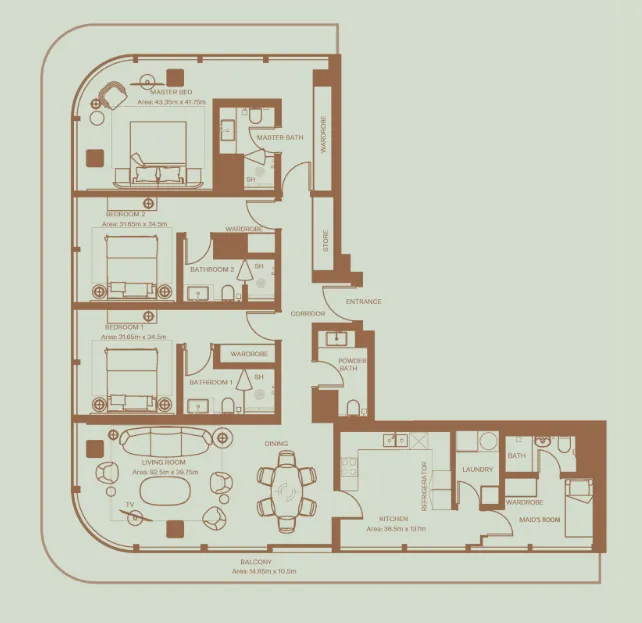 Eden House The Park 3 bed floor plan, 2,341 – 2,342 sqft