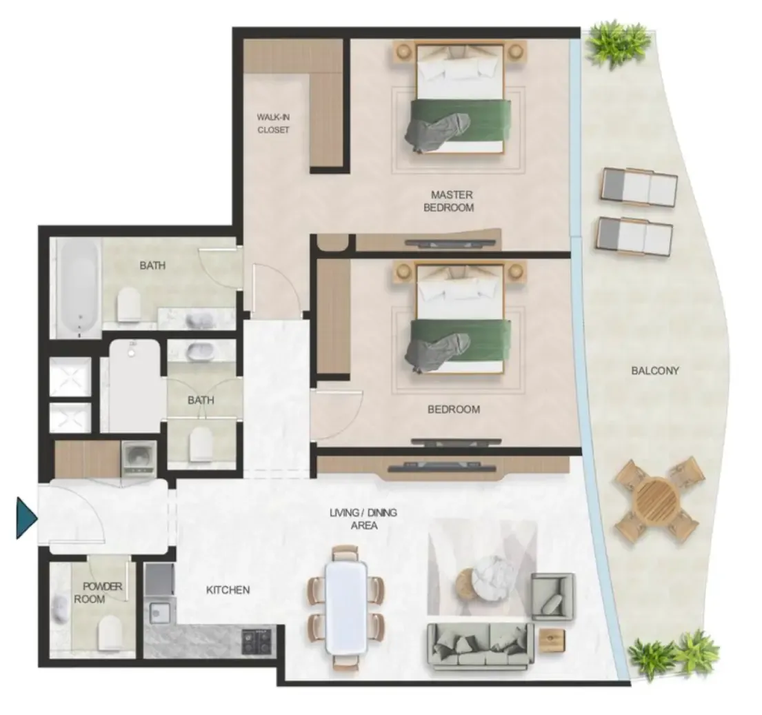 Oystra 2 bed floor plan, 1,349 sqft