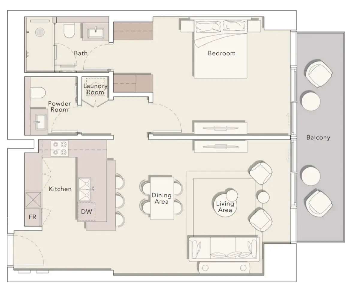 One River Point 1 bed floor plan, 1,060 sqft