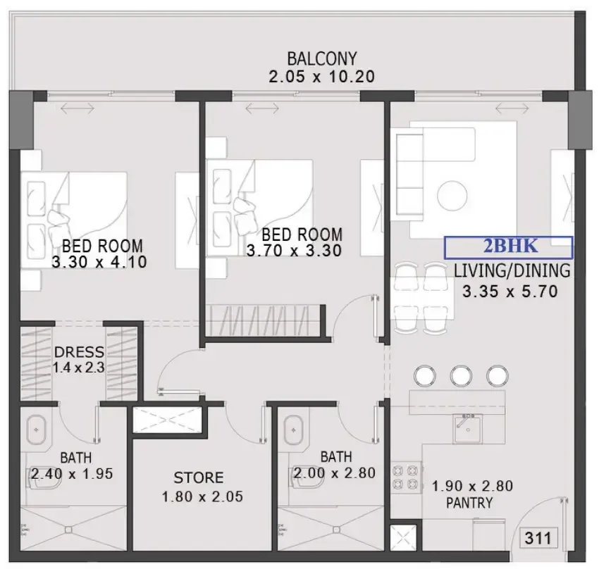 One By Preston 2 bed floor plan, 1,145 sqft