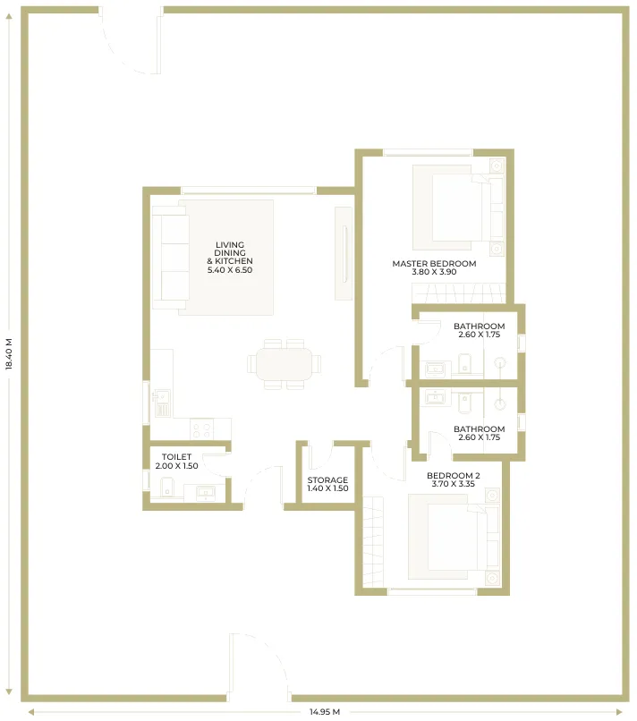 Jebel Sifah - Olive Farms 2 bed floor plan, 1,055 sqft