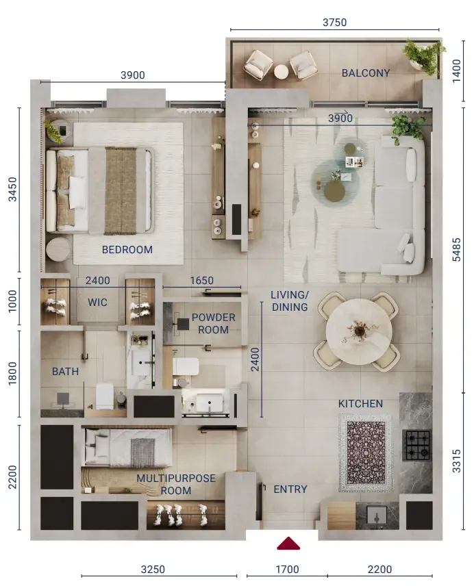 Mirdad 1 bed floor plan, 826 sqft