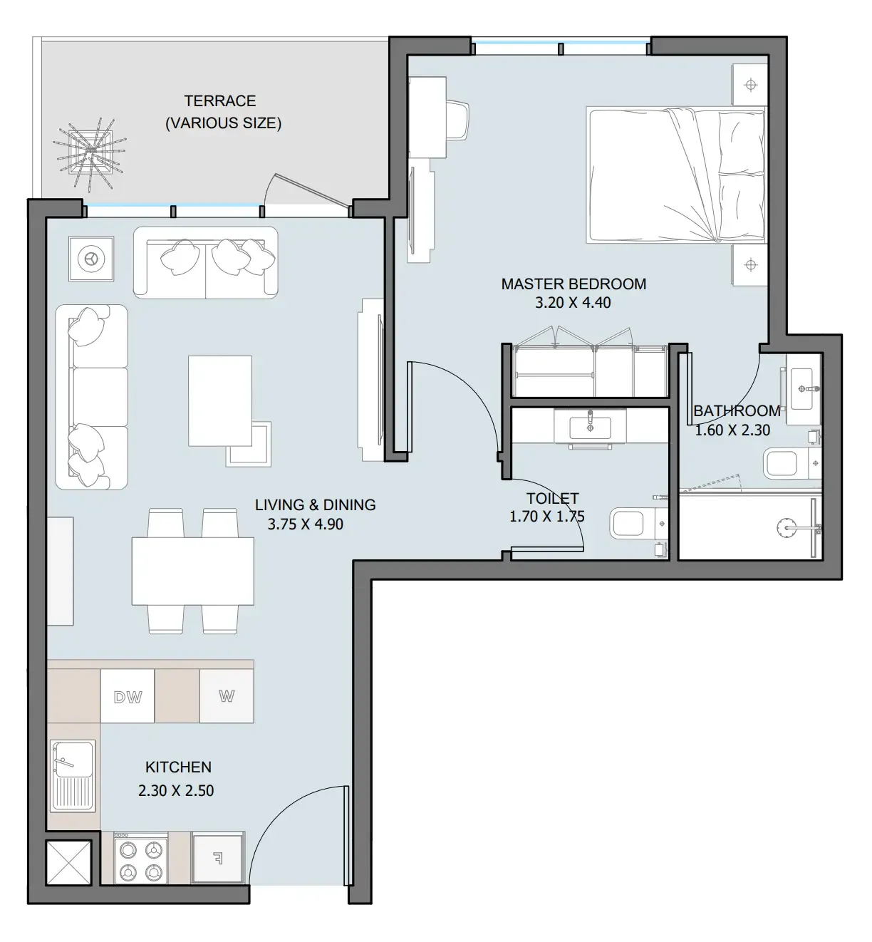 The District 1 bed floor plan, 683 sqft