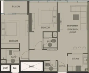 Red Square 2 bed floor plan, 923 sqft