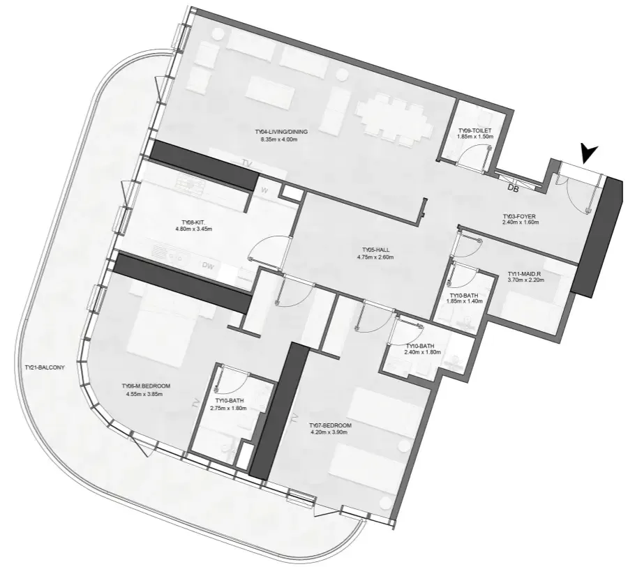 Joud Tower 2 bed floor plan, 2,117 – 2,120 sqft