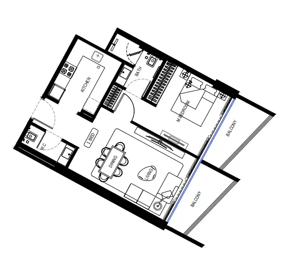 Binghatti HillCrest 1 bed floor plan, 701 – 745 sqft