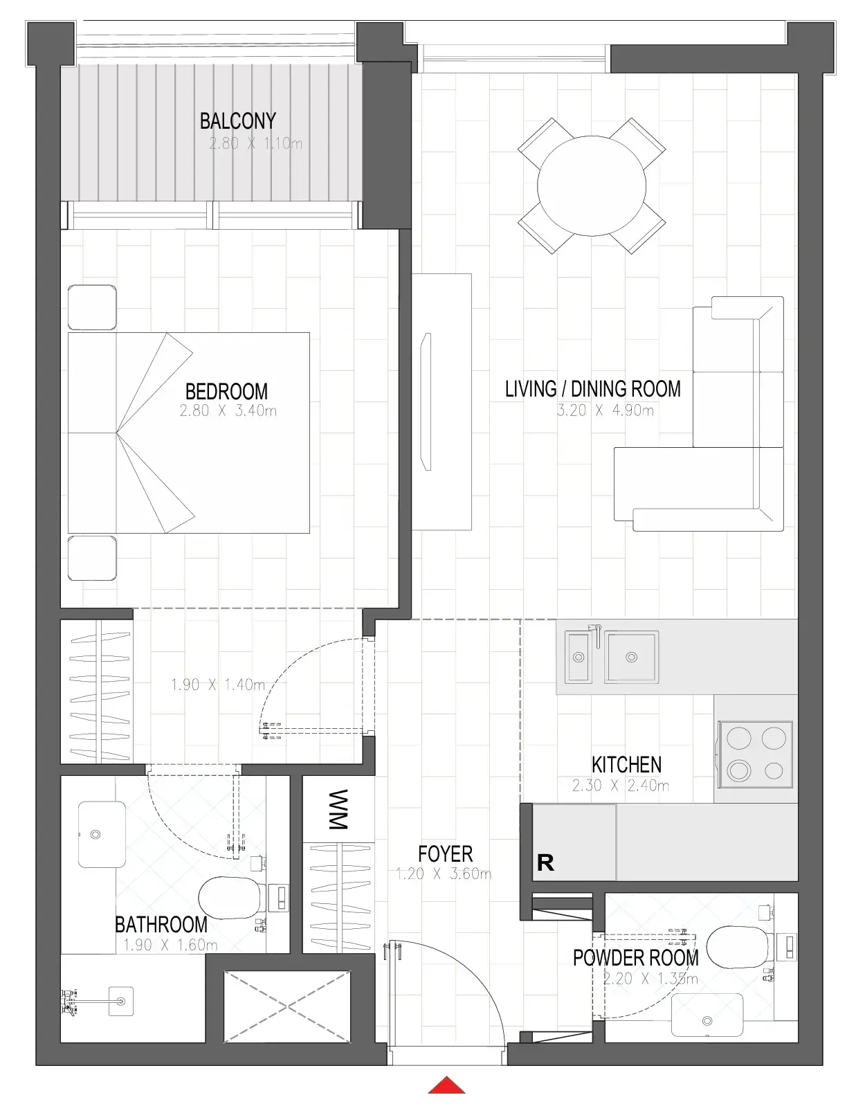 Olfah 1 bed floor plan, 602 sqft