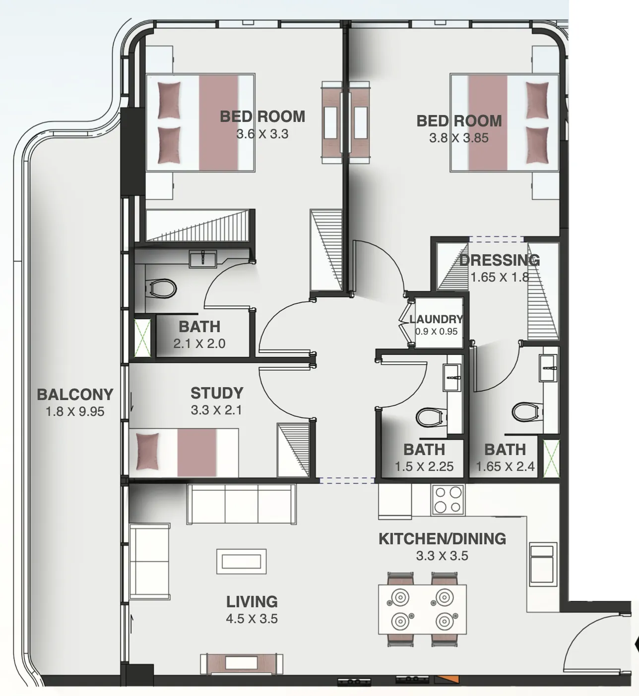 Floarea Oasis 2 bed floor plan, 1,233 – 1,237 sqft